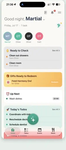 The FamRight home screen on an iPhone: a good-evening greeting, family members, chores ready to check, gifts ready to redeem and what is up next.