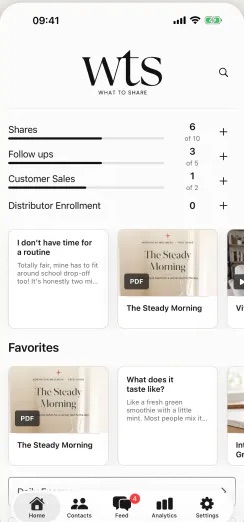 The What To Share home screen on an iPhone: daily counts for shares, follow-ups, customer sales and distributor enrollments, then the team's favorite content.